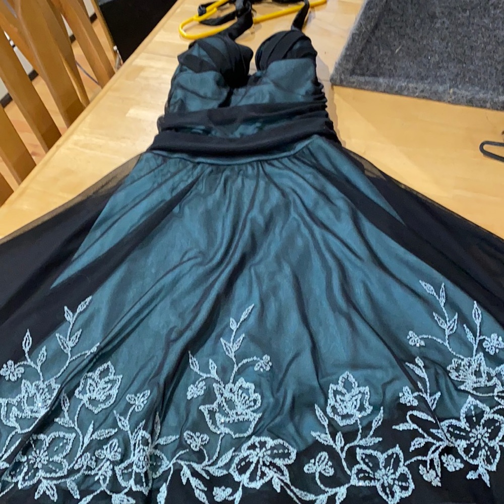Turquoise/black dress.  Warn for HS cotillion.